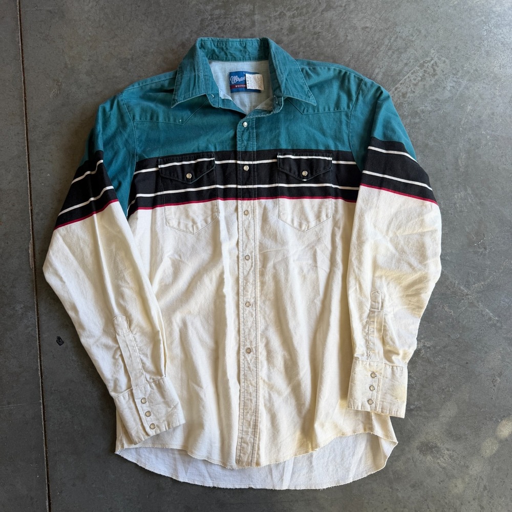 Vintage 90s Wrangler Colorblock Western Pearl Snap Shirt Teal Cream Mens L 20x29